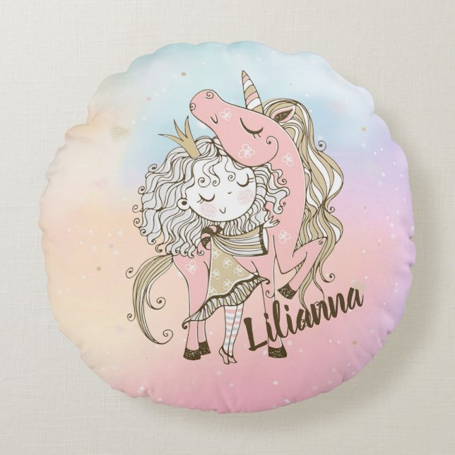 Unicorn and Girl Round Cushion (Front)