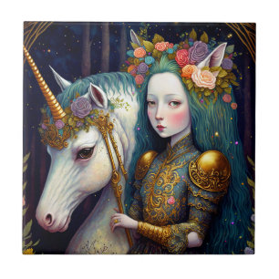 Unicorn and Lady Fantasy Art Ceramic Tile