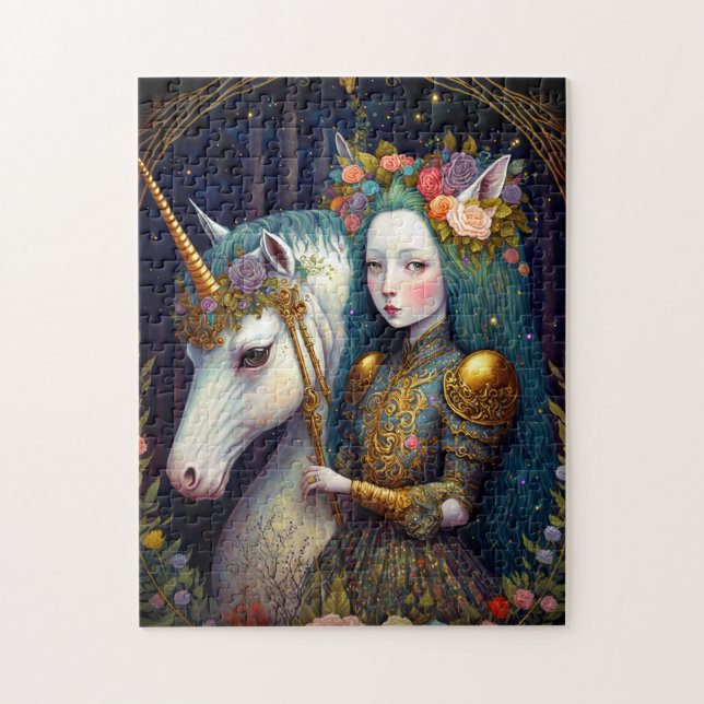 Unicorn and Lady Fantasy Art Jigsaw Puzzle (Vertical)