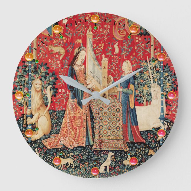 UNICORN AND LADY PLAYING ORGAN,ANIMALS Red Green Large Clock (Front)