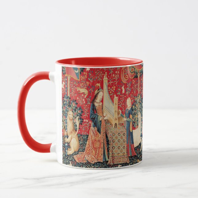 UNICORN AND LADY PLAYING ORGAN Red Green Floral Mug (Left)