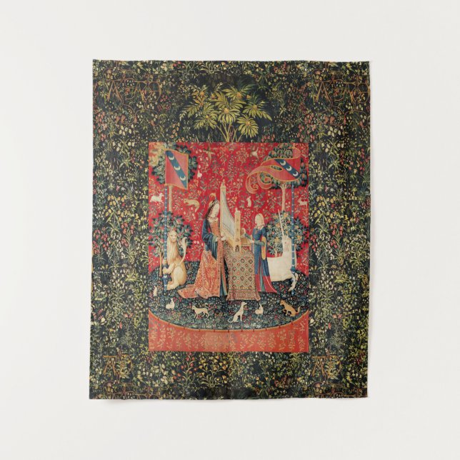 UNICORN AND LADY PLAYING ORGAN WITH ANIMALS TAPESTRY (Front)