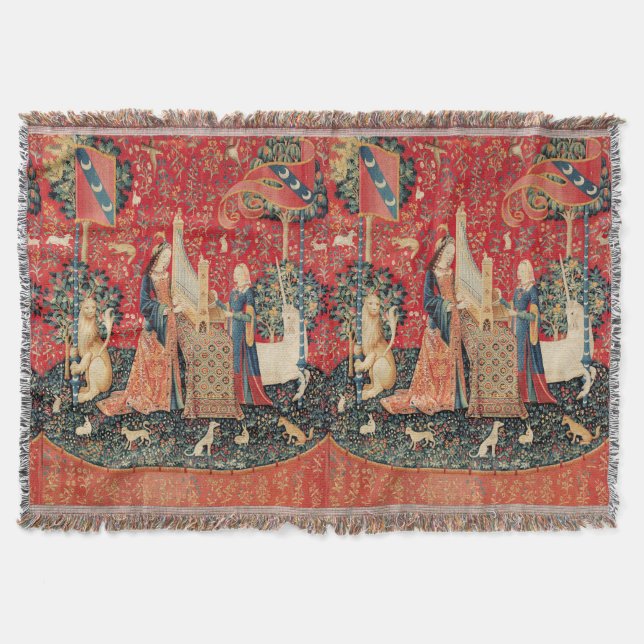 UNICORN AND LADY PLAYING ORGAN WITH ANIMALS THROW BLANKET (Front)