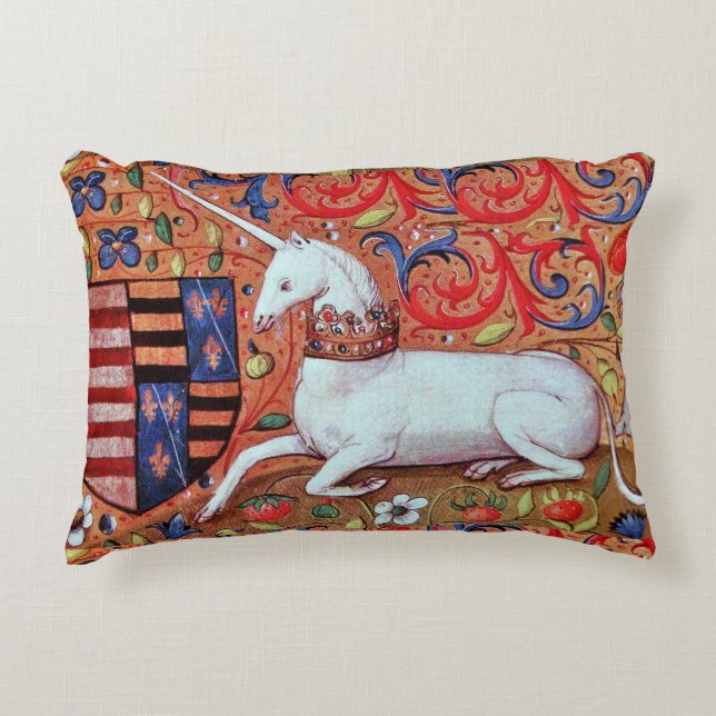 UNICORN AND MEDIEVAL FANTASY FLOWERS,FLORAL MOTIFS DECORATIVE CUSHION (Front)