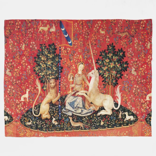 UNICORN AND MEDIEVAL FANTASY FLOWERS,FLORAL MOTIFS FLEECE BLANKET (Front (Horizontal))