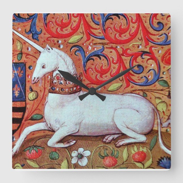 UNICORN AND MEDIEVAL FANTASY FLOWERS,FLORAL MOTIFS SQUARE WALL CLOCK (Front)