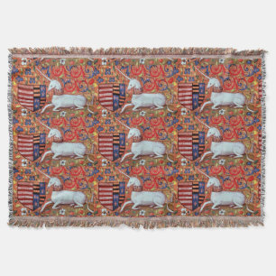 UNICORN AND MEDIEVAL FANTASY FLOWERS,FLORAL MOTIFS THROW BLANKET