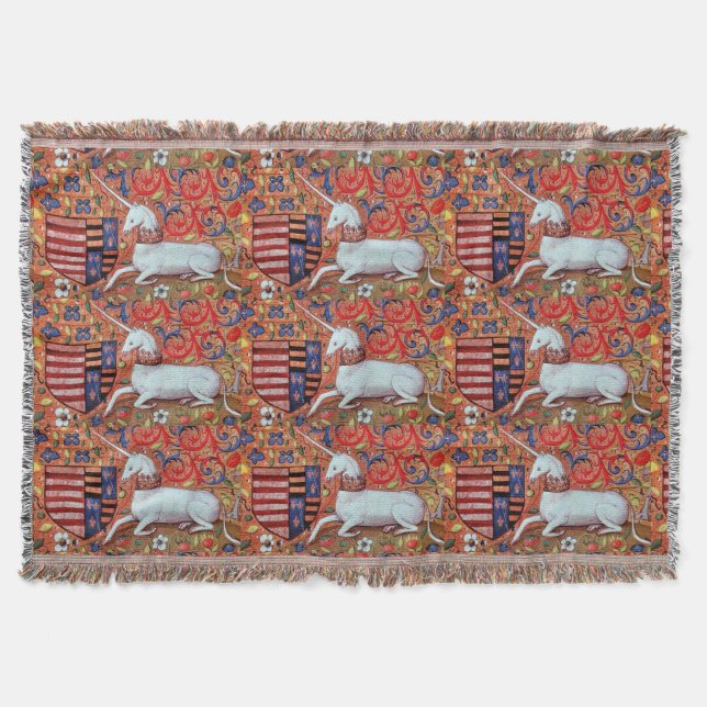UNICORN AND MEDIEVAL FANTASY FLOWERS,FLORAL MOTIFS THROW BLANKET (Front)