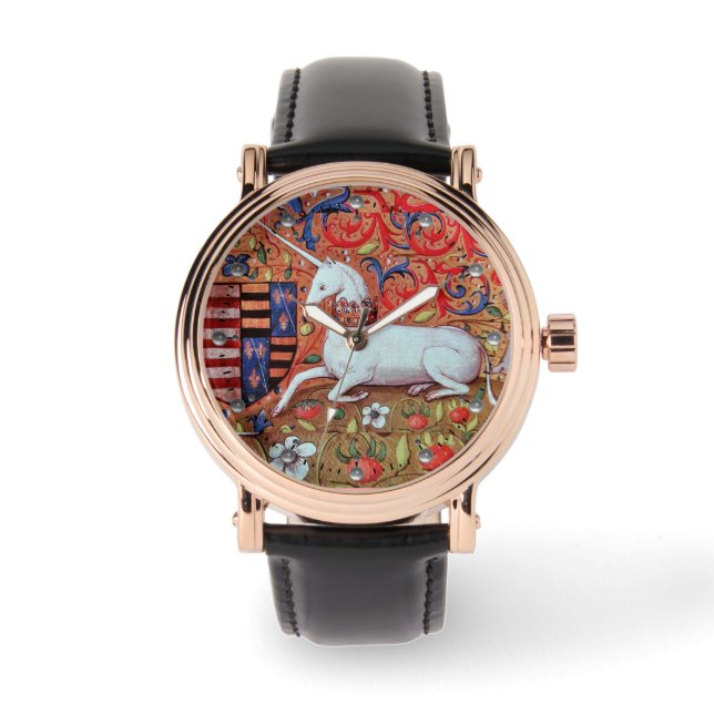 UNICORN AND MEDIEVAL FANTASY FLOWERS,FLORAL MOTIFS WATCH (Front)