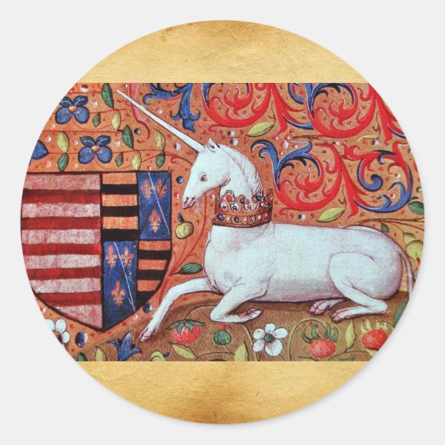 UNICORN AND MEDIEVAL FLOWERS,FANTASY FLORAL MOTIFS CLASSIC ROUND STICKER (Front)