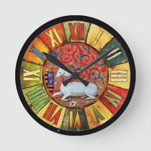 UNICORN AND MEDIEVAL FLOWERS,FANTASY FLORAL MOTIFS ROUND CLOCK