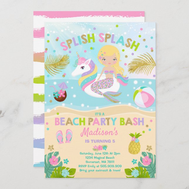 Unicorn And Mermaid Beach Party Invitation (Front/Back)