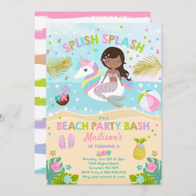 Unicorn And Mermaid Beach Party Invitation (Front/Back)