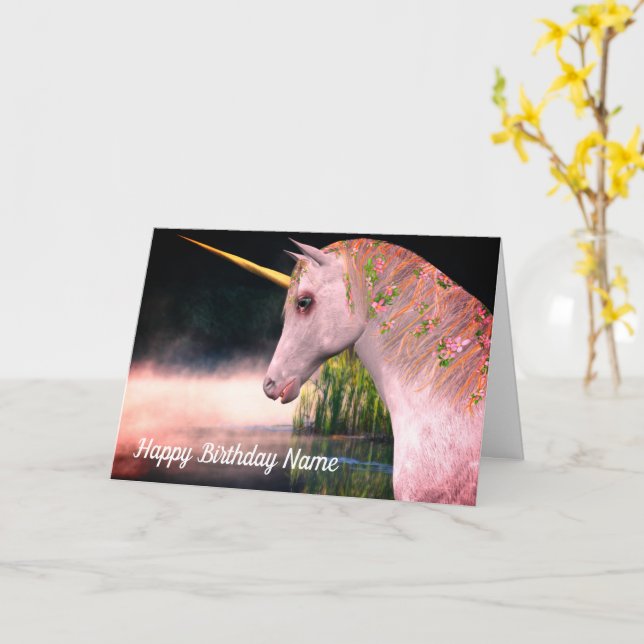 Unicorn And Mist Fantasy Birthday Card (Yellow Flower)