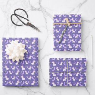 Unicorn and Moon Stars Pattern Purple Wrapping Paper Sheet