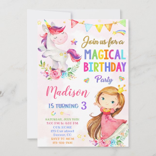 Unicorn and Princess birthday invitation (Front)