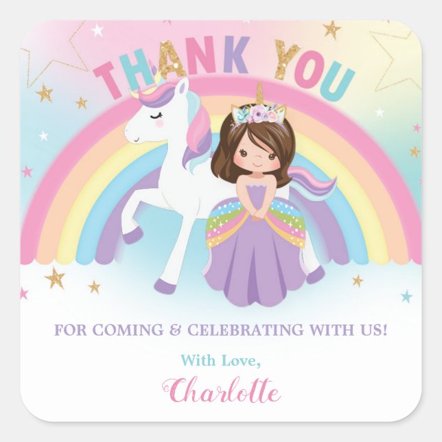 Unicorn and Princess Birthday Thank You Favour Square Sticker (Front)