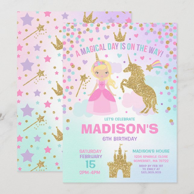 Unicorn And Princess Invitation Magical Birthday (Front/Back)