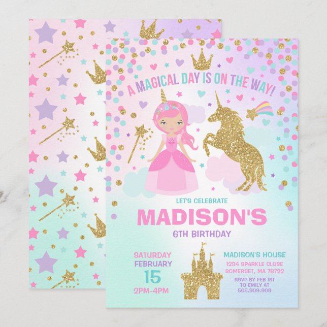 Unicorn And Princess Invitation Magical Birthday (Front/Back)