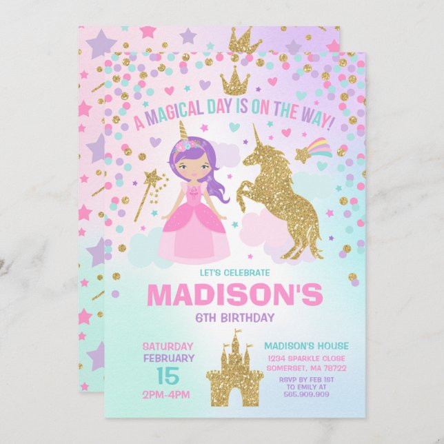 Unicorn And Princess Invitation Magical Birthday (Front/Back)