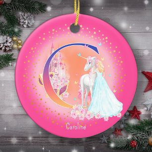 Unicorn and Princess Letter C Monogram Christmas Ceramic Ornament