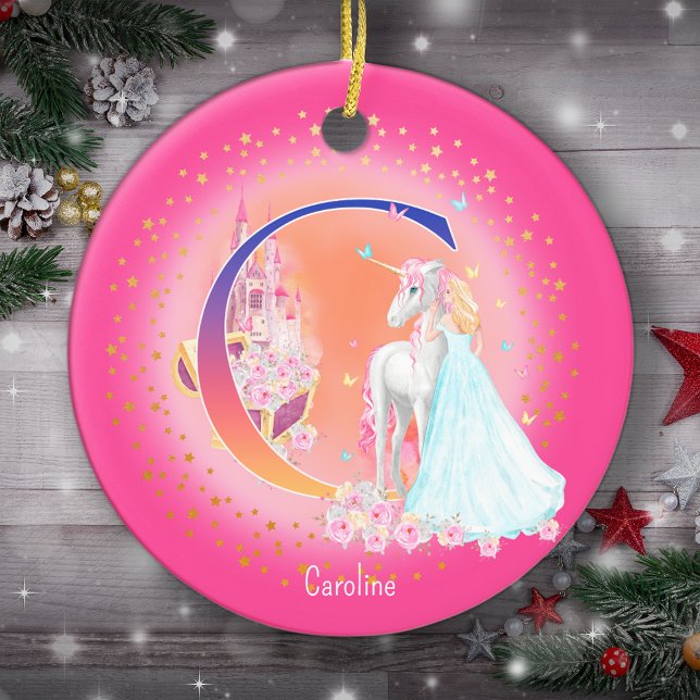 Unicorn and Princess Letter C Monogram Christmas Ceramic Ornament (This pretty pink monogrammed Christmas ornament is perfect for your little princess!)