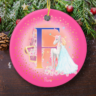 Unicorn and Princess Letter F Monogram Christmas Ceramic Ornament