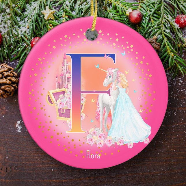 Unicorn and Princess Letter F Monogram Christmas Ceramic Ornament (This pretty pink monogrammed Christmas ornament is perfect for your little princess!)