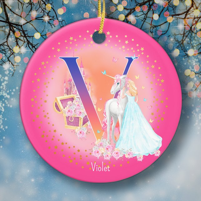 Unicorn and Princess Letter V Monogram Christmas Ceramic Ornament (This pretty pink monogrammed Christmas ornament is perfect for your little princess!)