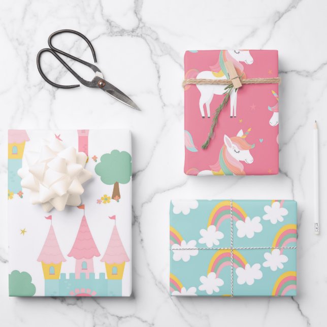 Unicorn and Princess Pattern Wrapping Paper Sheet (Front)