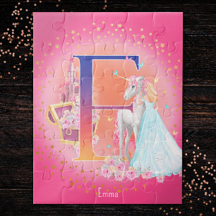Unicorn and Princess with Castle Letter E Monogram Jigsaw Puzzle