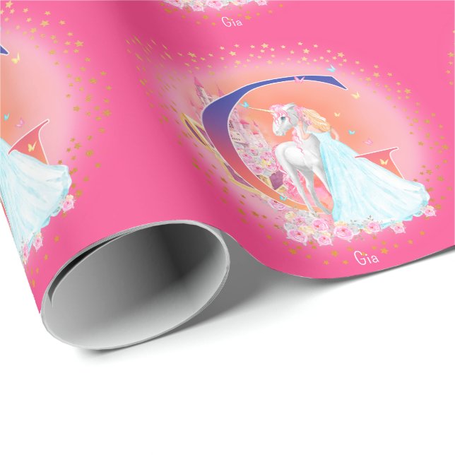 Unicorn and Princess with Castle Letter G Monogram Wrapping Paper (Roll Corner)