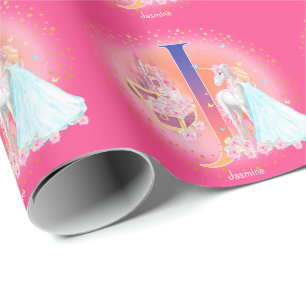 Unicorn and Princess with Castle Letter J Monogram Wrapping Paper