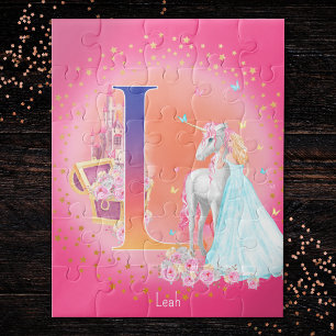 Unicorn and Princess with Castle Letter L Monogram Jigsaw Puzzle