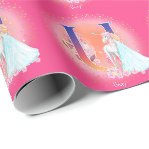 Unicorn and Princess with Castle Letter U Monogram Wrapping Paper