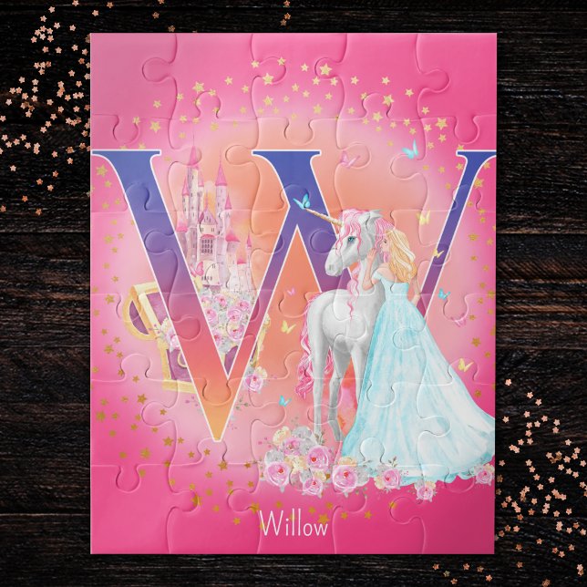 Unicorn and Princess with Castle Letter W Monogram Jigsaw Puzzle (Creator Uploaded)