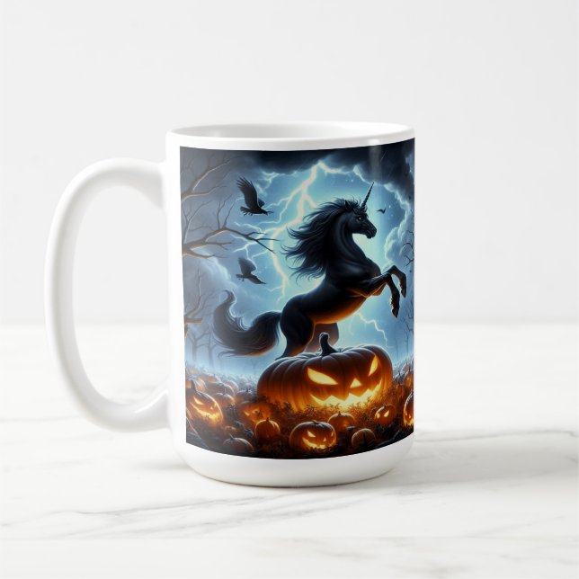 Unicorn and Pumpkins in a Stormy Halloween Night  Coffee Mug (Left)