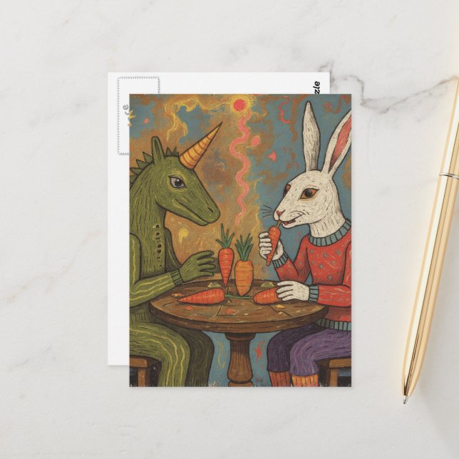Unicorn and Rabbit Eating Carrots Surreal Postcard (Front/Back In Situ)