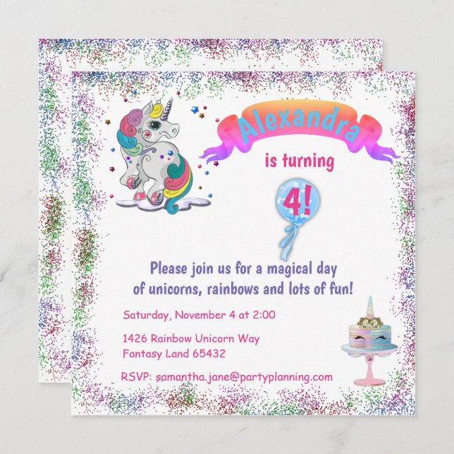 Unicorn and Rainbow Glitter Birthday Invitation (Front/Back)