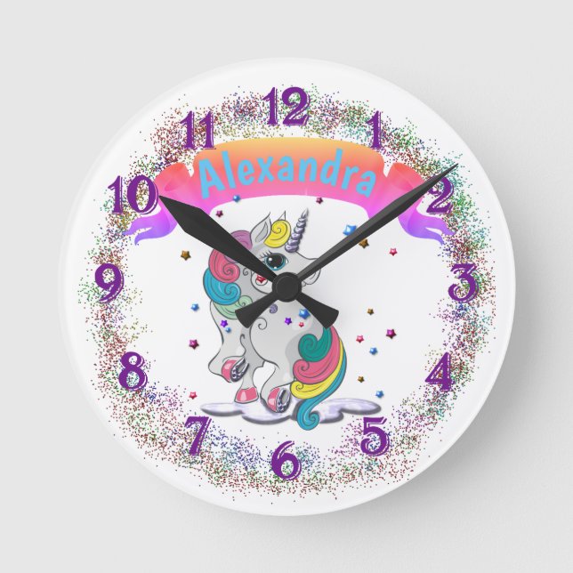 Unicorn and Rainbow Glitter Round Clock (Front)