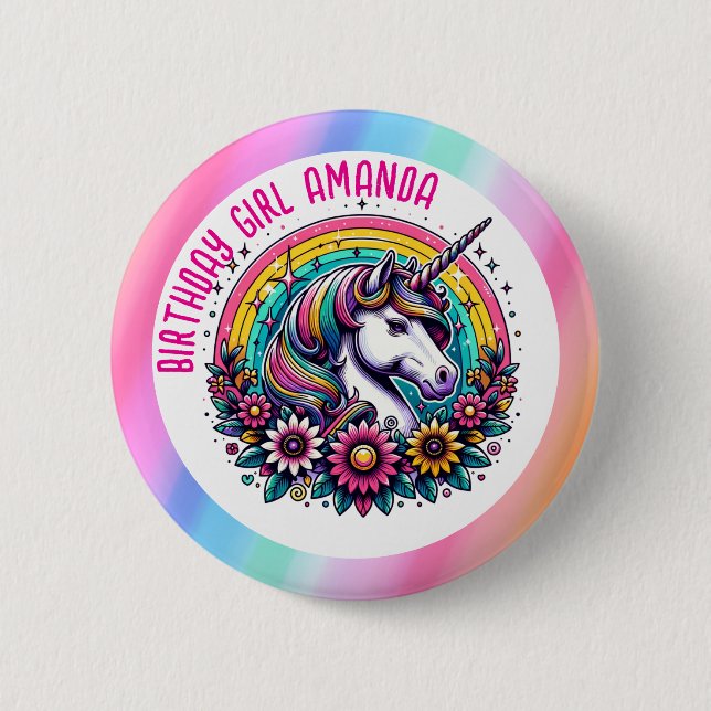 Unicorn and Rainbow Personalised Birthday Girl 6 Cm Round Badge (Front)