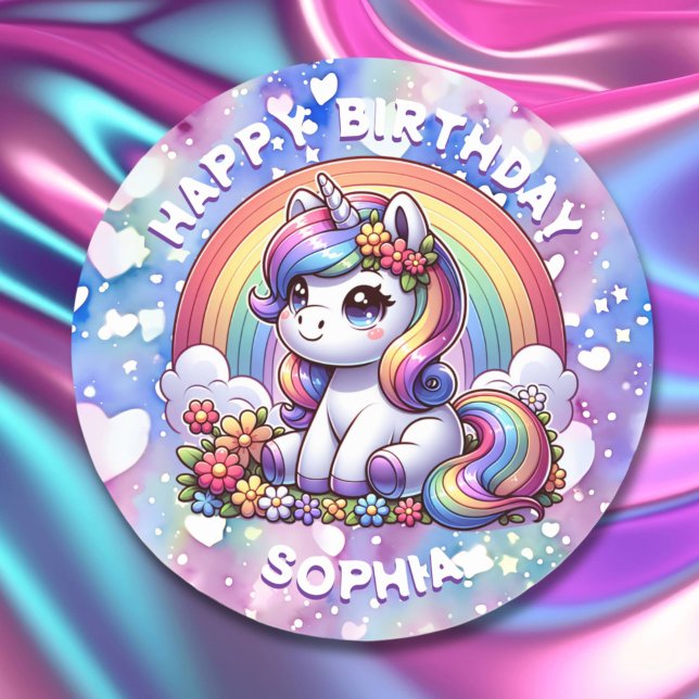 Unicorn and Rainbow Personalised Birthday Girl Classic Round Sticker (Creator Uploaded)