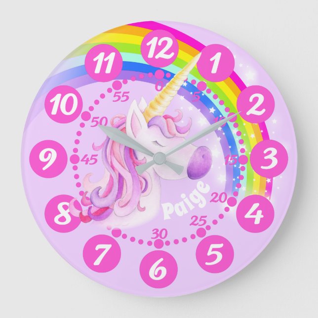 Unicorn and rainbow purple pink art kids clock (Front)