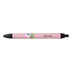 Unicorn and Rainbow w Clouds Kawaii   Personalise Black Ink Pen