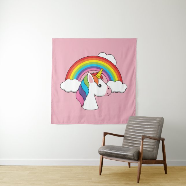 Unicorn and Rainbow with Clouds Kawaii Tapestry (In Situ)