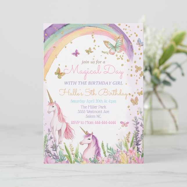 Unicorn and Rainbows birthday unicorn theme Invitation (Standing Front)
