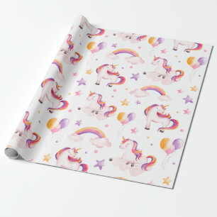 Unicorn and Rainbows Watercolor Girls Birthday Wrapping Paper