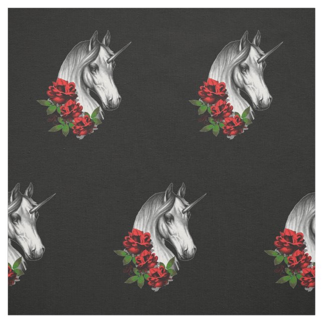 Unicorn and Roses Fantasy Goth Print Fabric (Swatch)