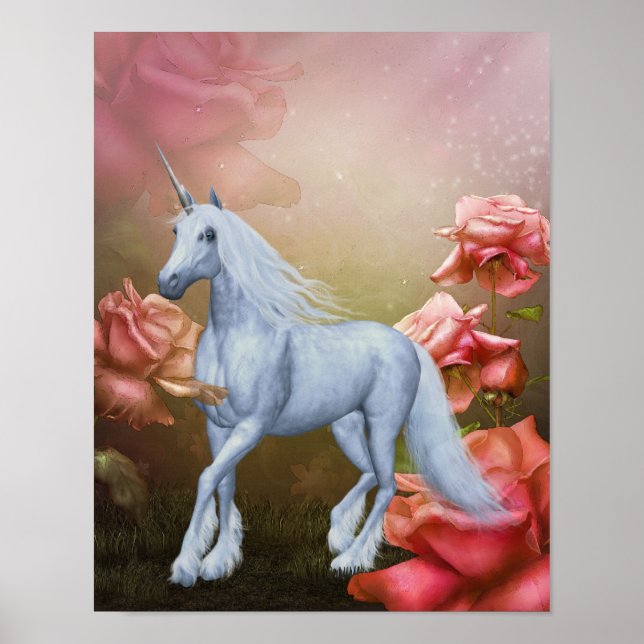 Unicorn And Roses Fantasy Horse Art Poster (Front)