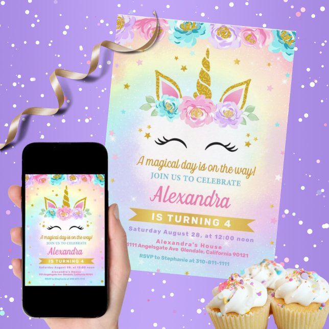 Unicorn and Roses Kids Birthday Invitation (Magical Unicorn and Roses Birthday Invitation-Fully Customized!)